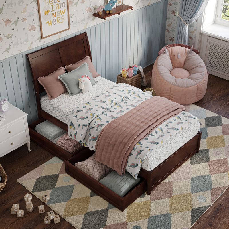 Lit plateforme en bois massif Lamayia avec pied de lit et tiroirs de rangement, Twin, Walnut