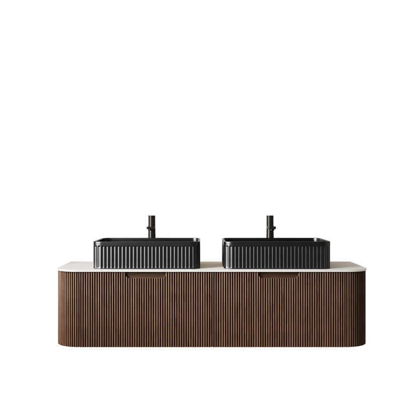 Meuble-lavabo 60 po avec lavabos, meuble de rangement mural à bords arrondis avec 2 tiroirs, 2 lavabos rectangulaires en céramique noirs, sans robinet