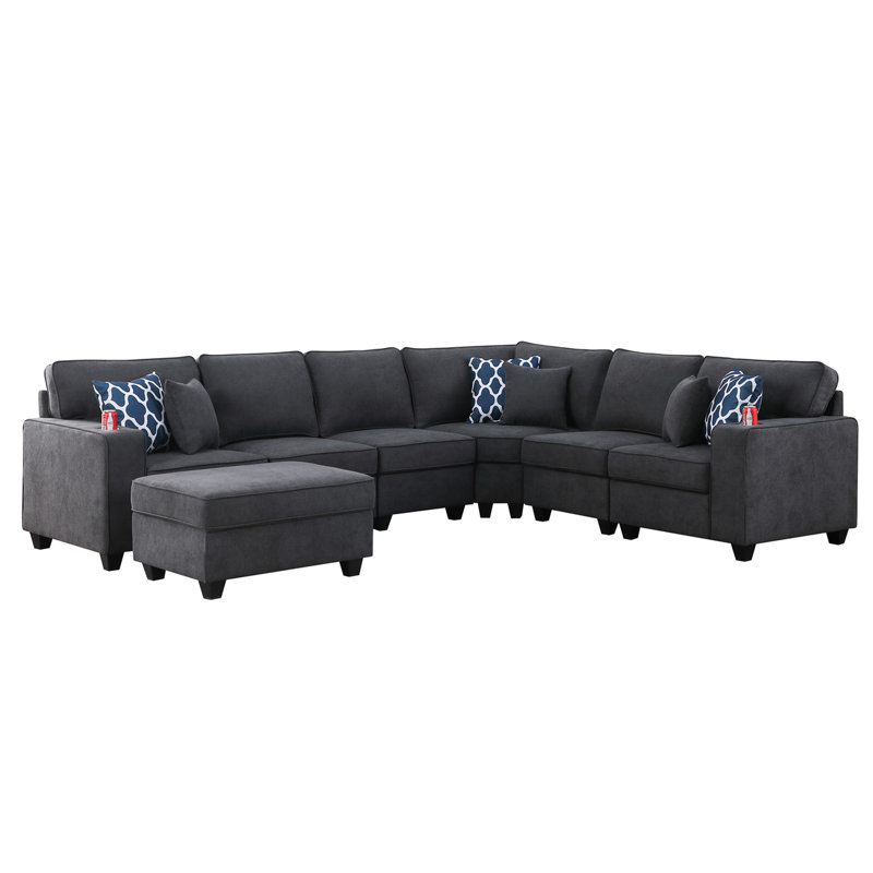 Canapé modulaire réversible en forme de L 7 pièces avec porte-gobelets intégrés et tissu tissé gris, profondeur d'assise de 23 po, hauteur des accoudoirs de 24,25 po, coussins décoratifs en mousse de 125 po et 6 coussins décoratifs