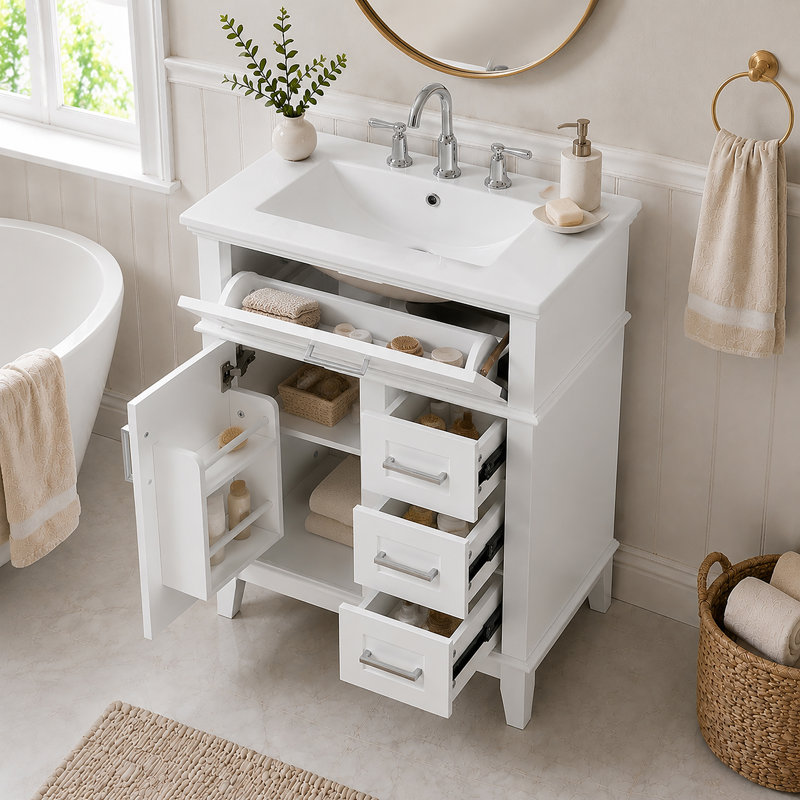 Ensemble de meuble-lavabo 24 po, lavabo en céramique, structure en bois massif et armoire en panneau de fibres à densité moyenne, 1 tiroir rabattable et 3 tiroirs, quincaillerie à fermeture en douceur, tablette réglable