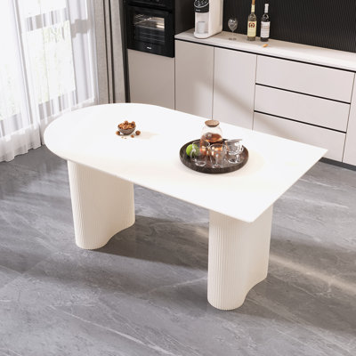 Modern MDF Cream Dining Table With Irregular Side Table, 4-8 Person Capacity, Elegant Wave Legs, And Spacious Assembly Top