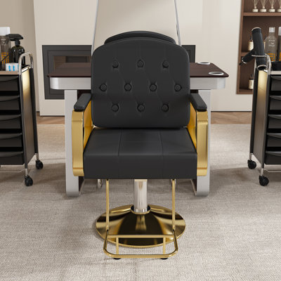 Fauteuil de salon hydraulique noir et or, fauteuil de coiffeur pivotant à 360 ° et inclinable avec pompe à pied, fauteuil de coiffage professionnel pour salon de coiffure et spa