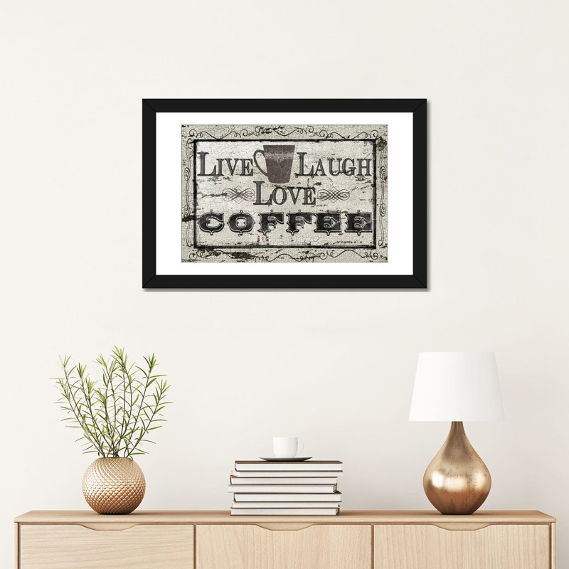 «Live, Laugh, Love, Coffee», art textuel sur toile, H 16 po x l 24 po x P 1 po, Papier d'art encadré noir, Blanc