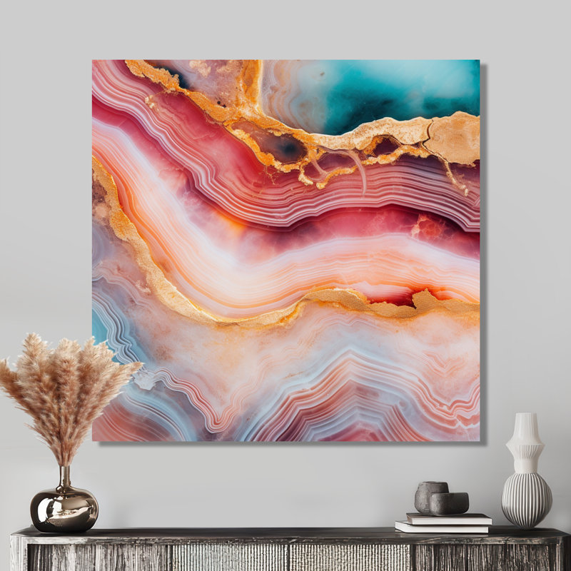 Agate, turquoise, or, rouge, marbre, art mural, salon, H 16 po x l 16 po, Métal métal