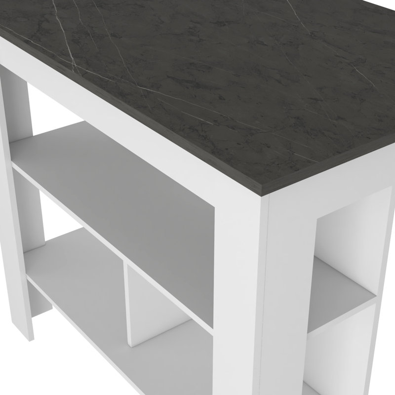 Îlot de cuisine avec table de préparation spacieuse, 3 tablettes de rangement ouvertes, 4 pieds robustes et poste de travail de préparation au repas pour une table d'îlot de cuisine moderne, fonctionnelle et organisée
