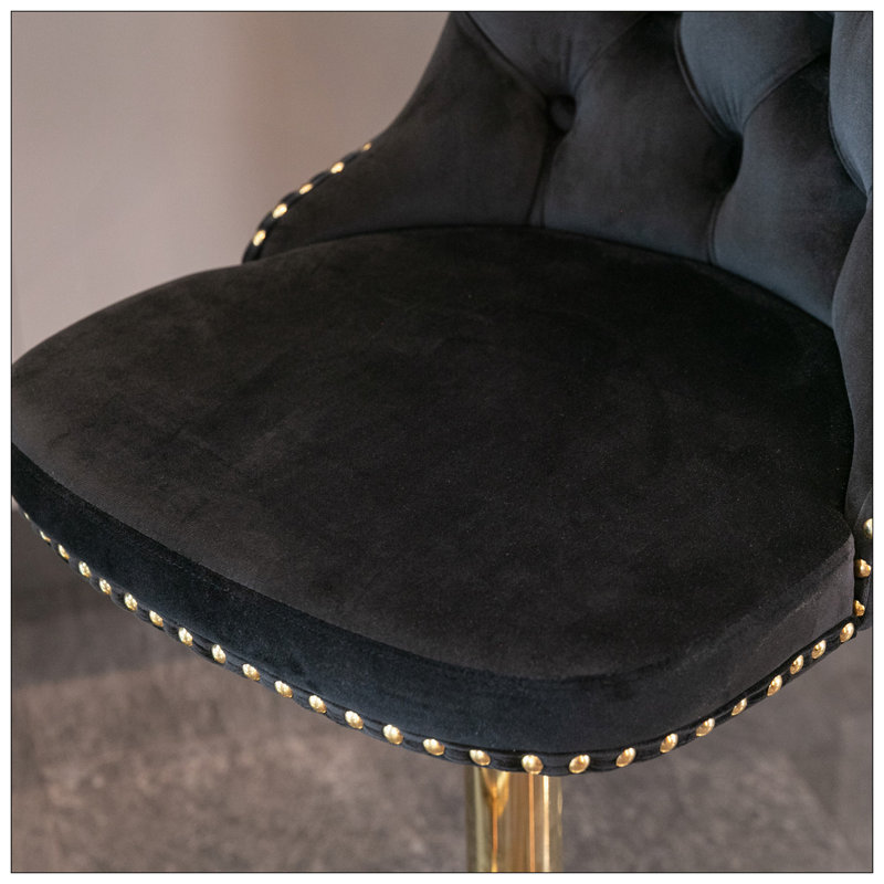 Tabourets de bar dorés pivotants dorés à hauteur réglable de 25 à 33 pouces, tabourets de bar rembourrés modernes avec dossier capitonné confortable pour un pub à domicile et un îlot de cuisine (noir, ensemble de 2)