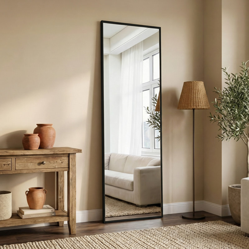 14 x 47 Over The Door - Full Length Hanging Mirror, Aluminum Alloy Framed Wall-mounted Full Length Mirror, Black