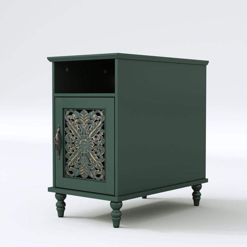 Table de bout rétro avec porte sculptée à la main et station de charge, table de chevet avec armoire et tablette, Vert