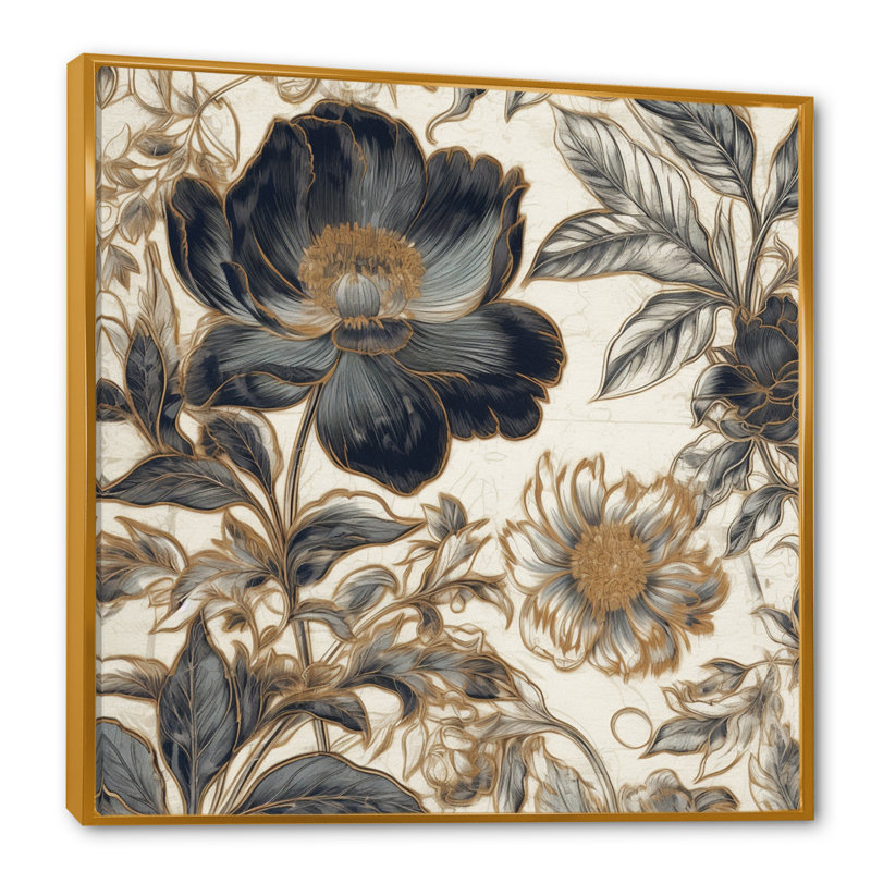 Blue Gold Peony Symphony I, reproduction d'art sur toile, H 24 po x l 24 po x P 1 po, Cadre flottant doré