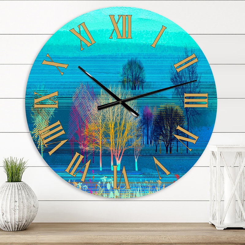 Mystery Trees in Turquoise Landscape - Horloge murale moderne, Petit