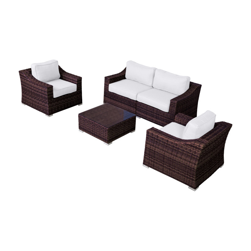 Ensemble de conversation pour 4 personnes avec coussins Moyeda Wicker | Canapé modulaire en osier toutes saisons, Brun