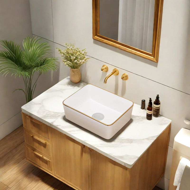 16" x 12" White Ceramic Rectangular Vessel Bathroom Sink with gold Rim, Above Counter Basin, 1.75" Drain, for Modern & Farmhouse Bathrooms