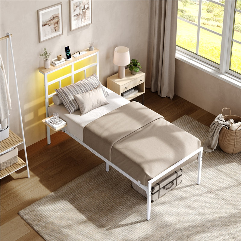 Metal Bed Frame with Charging Station & LED Headboard & Movable Storage Rack, Single (3'), White