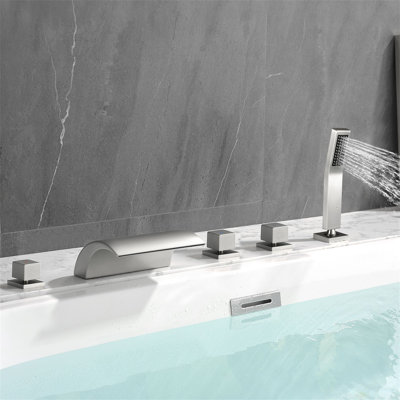 Deck Mount Tub Faucet With Handheld Shower 5 Hole Waterfall Bathtub Faucets Brass Triple Handle Tub Fillers With Valve