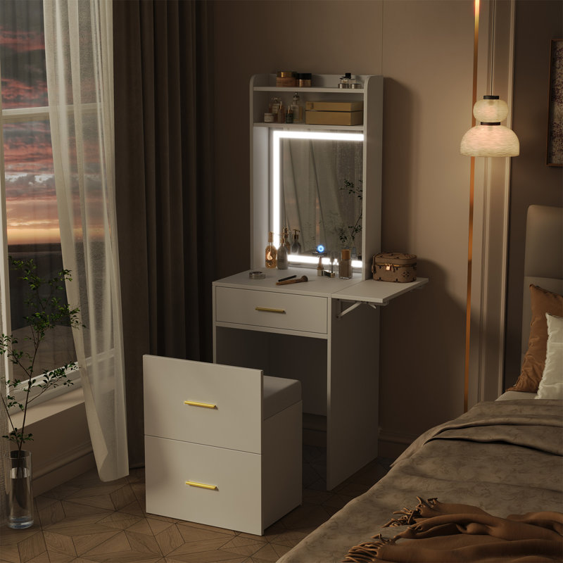 Petit meuble-lavabo avec miroir et lumière, coiffeuse avec station de charge et panneau rabattable pour les petits espaces, ensemble de coiffeuse à maquillage compact avec tabouret caché pour la chambre à coucher