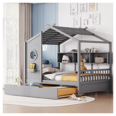 Lit double gris avec lit gigogne et tablettes de rangement, structure de lit moderne en bois massif pour enfants