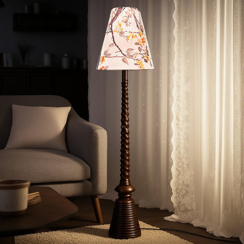 French Vintage-Style Solid Wood & Fabric Floor Lamp, Walnut