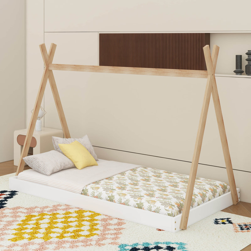 Twin Floor Bed With Triangle Structure, White/Natural