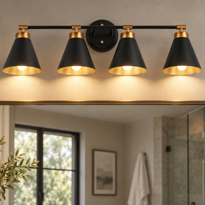 Luminaire de salle de bain 4 lumières à intensité variable avec abat-jour en laiton noir