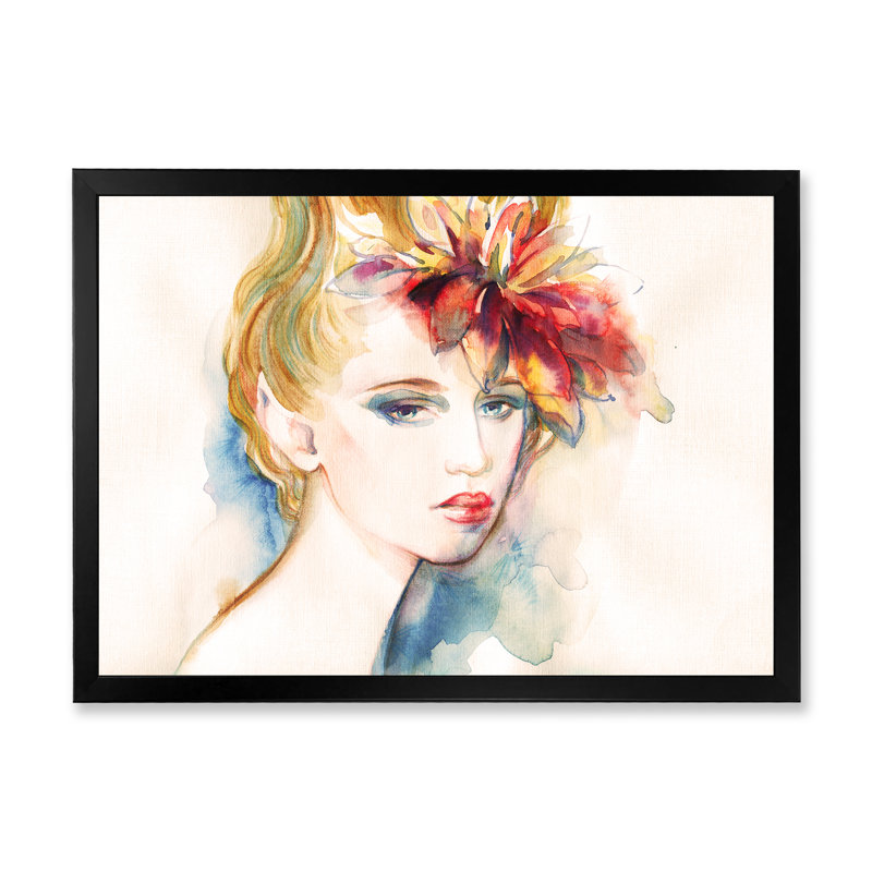 Portrait de femme beige floral I - œuvre d'art sur toile Glam, H 8 po x l 12 po, Cadre noir