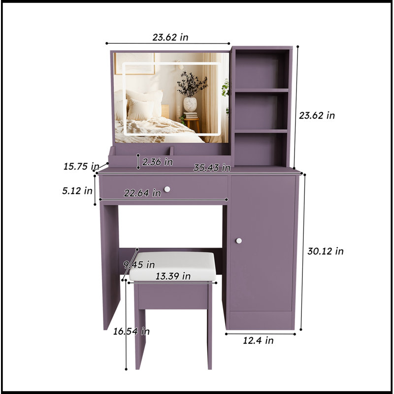 Ensemble de coiffeuse avec tabouret rembourré et miroir réglable à DEL