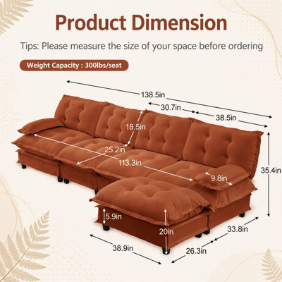 Canapé modulaire en forme de L de 138 pouces avec repose-pieds, revêtement profond en chenille, assise profonde et coussins en treillis confortables pour une vie moderne