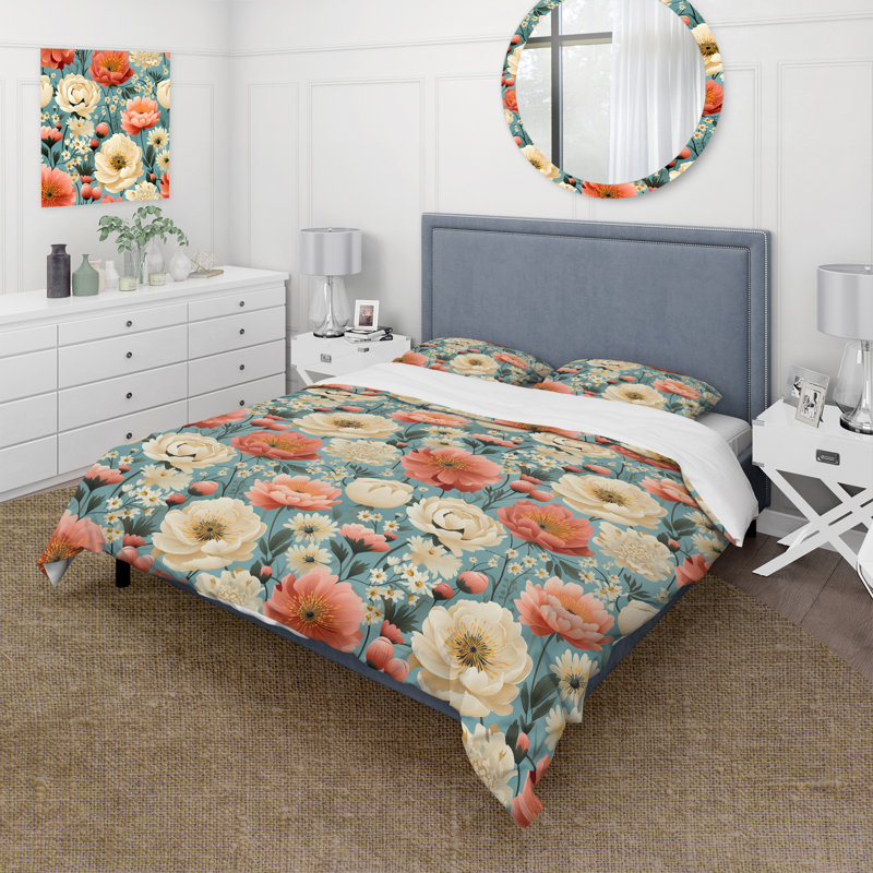 Ensemble de housse de couette Retro Blooms, Housse de couette simple + 1 taie décorative stan