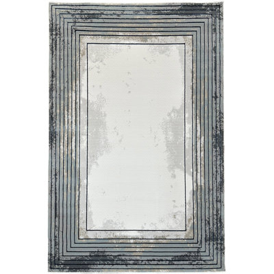 Tapis haut / bas Crème avec des carrés géométriques bleu foncé métalliques et des accents sarcelle, gris anthracite, argent et moka 