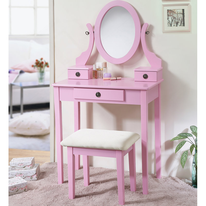 Wood Moniya Makeup Vanity Table And Stool Set, Pink