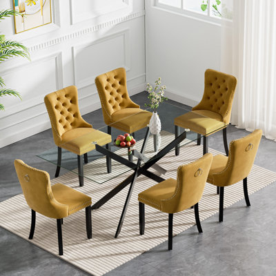 7 Piece Glass Dining Table Set for 6, Modern 60" Glass Kitchen Table with Metal Leg, Tufted Velvet Upholstered Dining Chair, Rectangle Dining Table an