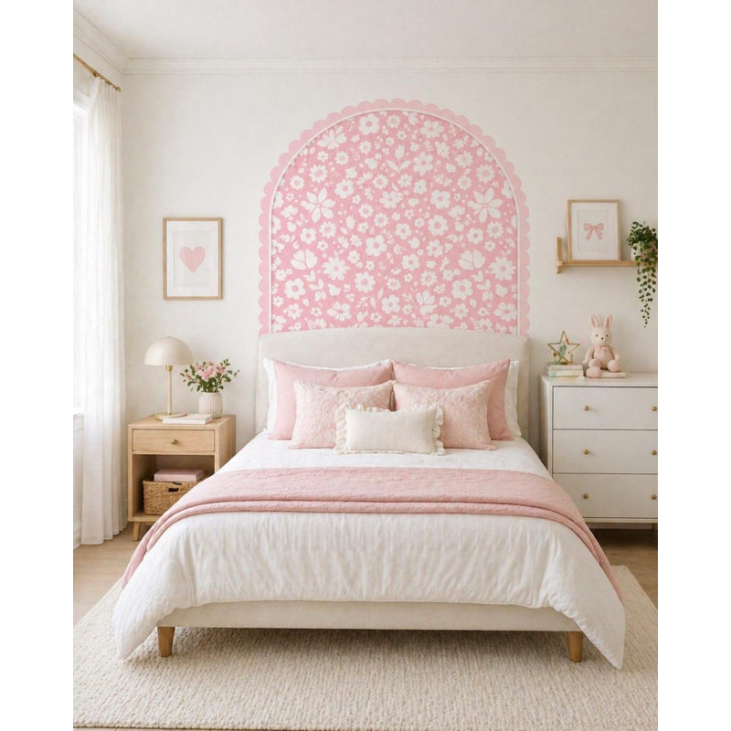 Pink Floral Arch Wall Decal for Girls Nursery | Scalloped Boho Flower Wall Sticker | Peel and Stick Removable Wall Decor