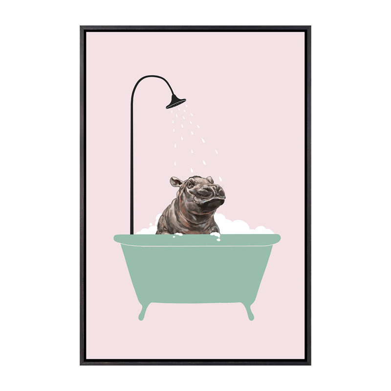 Hippopotame dans une baignoire, art encadré, H 26 po x l 18 po x P 1,5 po, Toile avec cadre noir patiné