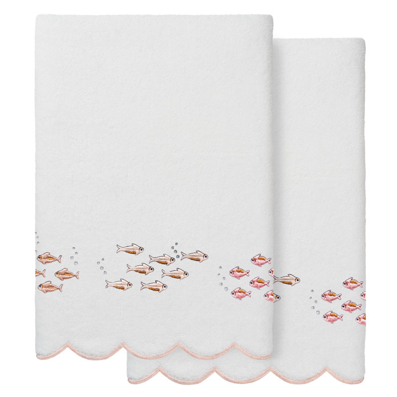 100% Turkish Cotton FISH SCHOOL Scallop 2PC Embellished Bath Towel Set, White/Pink, Bath Towel - 2 Pack