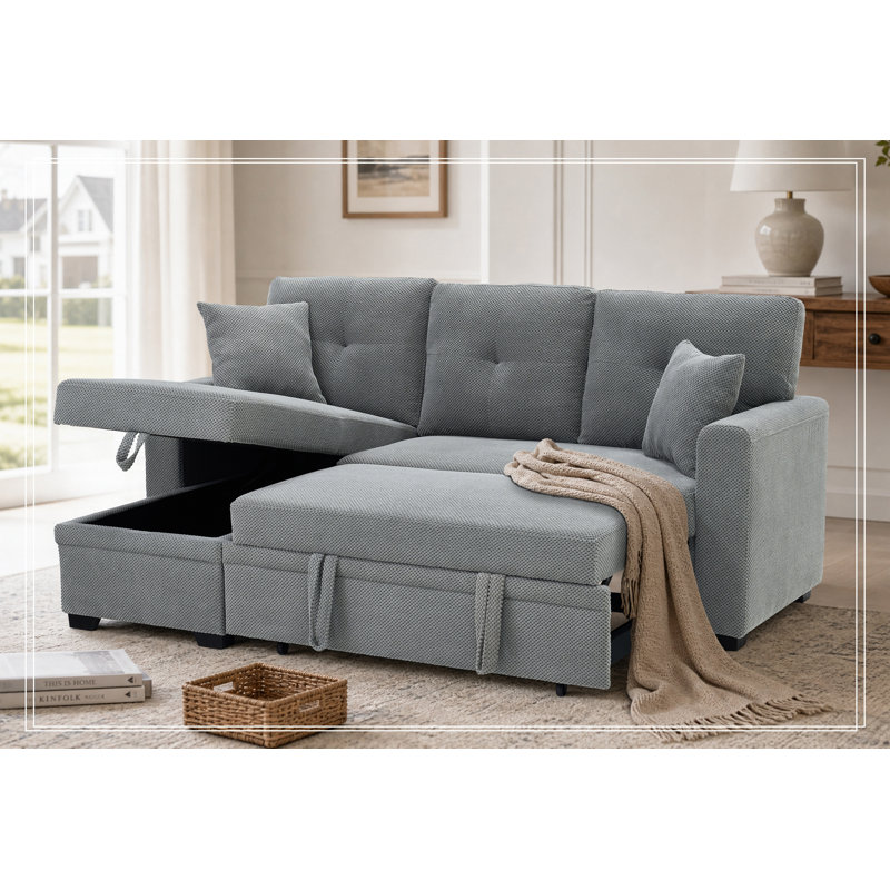 Canapé modulaire en L avec lit escamotable et méridienne de rangement, Light Grey