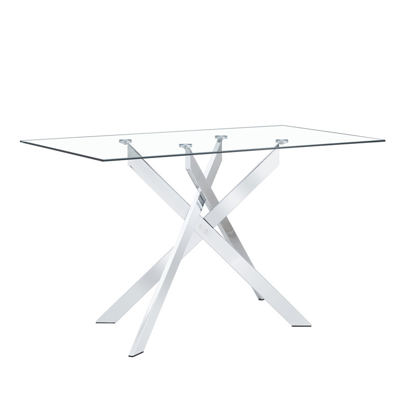 51.18" Rectangular Clear Tempered Glass Dining Table,Stylish Design with Silver Chrome Plated Metal Legs, Dining Table for Dining Room