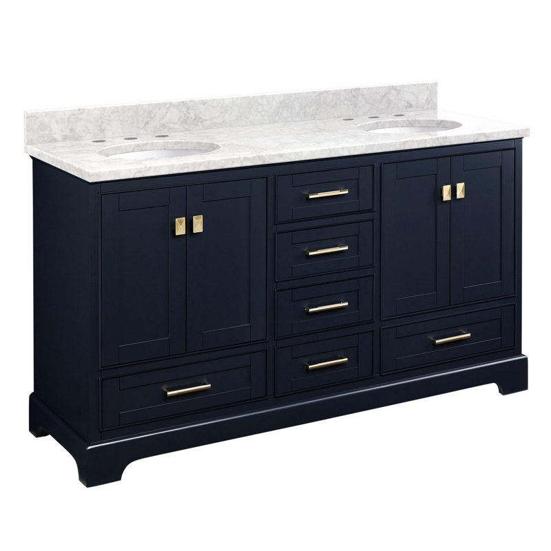 Quen 60" Freestanding Double Basin Vanity Set with Cabinet, Vanity Top, and Oval Undermount Sinks, Carrara Marble