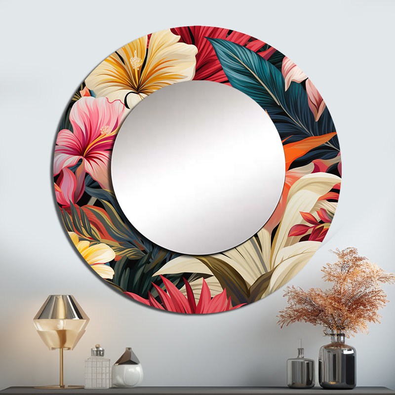 Motif botanique tropical moderne - miroir mural unique botanique, miroir rond bohème, impression d'art en métal