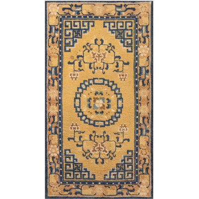 Antique Ningxia Chinese Medallion Yellow 1800s Rug