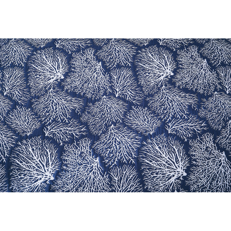 Coral Jacquard Reversible Quilt Set, King Quilt + 2 King Shams, Dark Blue
