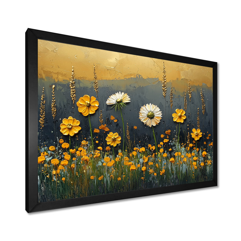 «Dark Summer Daisies Field Landscape II» - Art mural marguerites, Cadre simple, Noir, H 12 po x l 20 po