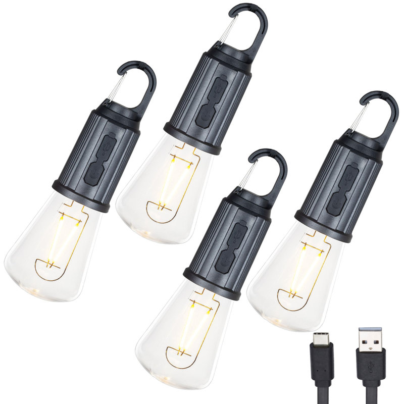 Lampe de camping rechargeable Festive Living, ampoule conique à DEL blanc chaud, port de charge USB-C, globe incassable sur mousqueton, 3 niveaux de luminosité