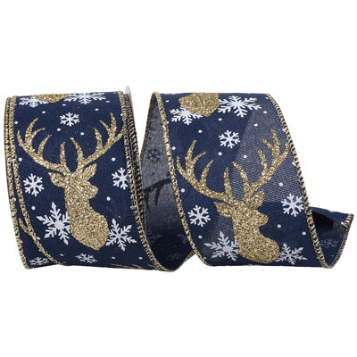 2-1/2"x10yd Deer Antler Glitter & Snowflakes Linen Wired Edge Ribbon