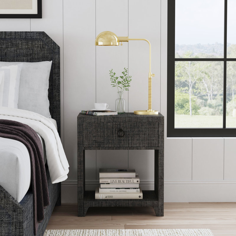 Bar Harbor Raffia 1 Drawer Nightstand, Charcoal Gray