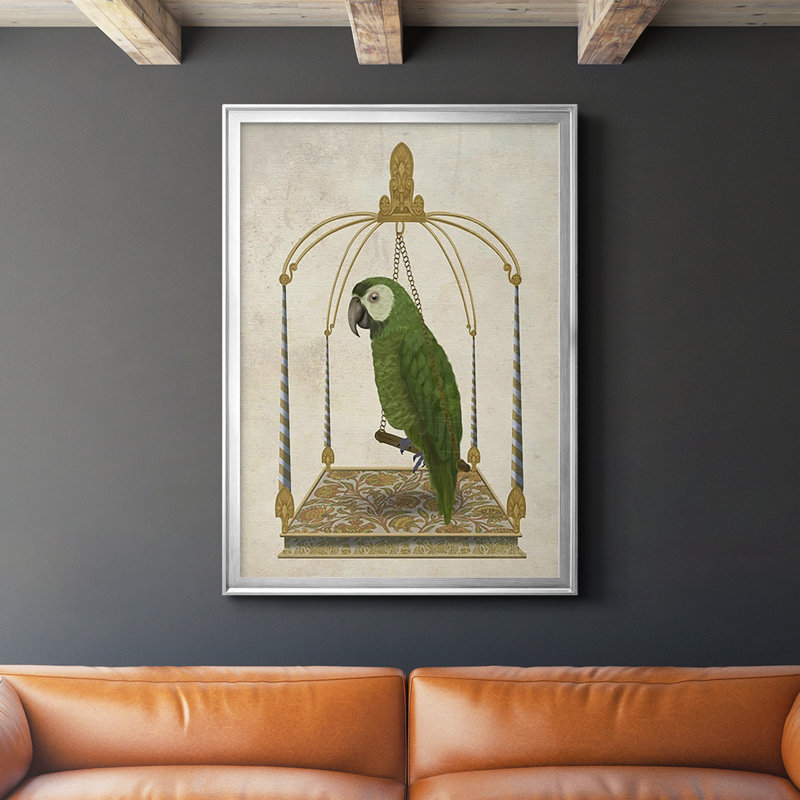 Perroquet vert sur balançoire, impression sur papier, Argent, H 36,5 po x l 26,5 po x P 1 po