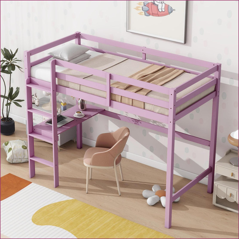 Twin Size Rubber Wood High Loft Bed with Built-in Desk &amp; Safety Guardrail, Pink - No Box Spring Needed