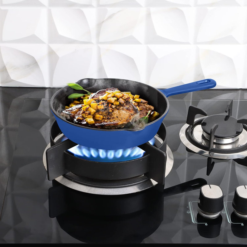 Pre-Seasoned Cast Iron Skillet with Lid, Grill-Safe Cookware, Blue, 8"
