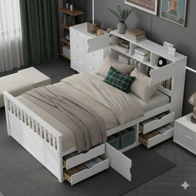 Structure de lit double blanc avec tablettes de rangement et quatre tiroirs