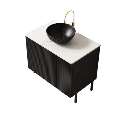 Meuble-lavabo double autoportant 72 po avec lavabos 72 po, 2 armoires de rangement rayées 30 po + tablette ouverte amovible 12 po, 2 vasques noires à motif de pierres en forme de bol avec comptoir blanc de Carrare, noir