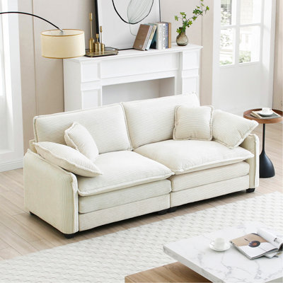 Warm And Cozy Living Room Sofa With 4 Pillows Upholstered Large Deep Seat 2 Seater Sofa For Living Room, Beige Corduroy