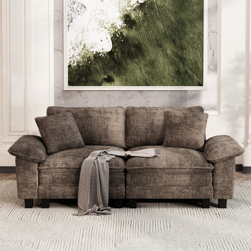 88" Modular Sectional Loveseat Couches For Living Room, 2-seater Deep Seat Sofa With Throw Pillow, Brown Chenille